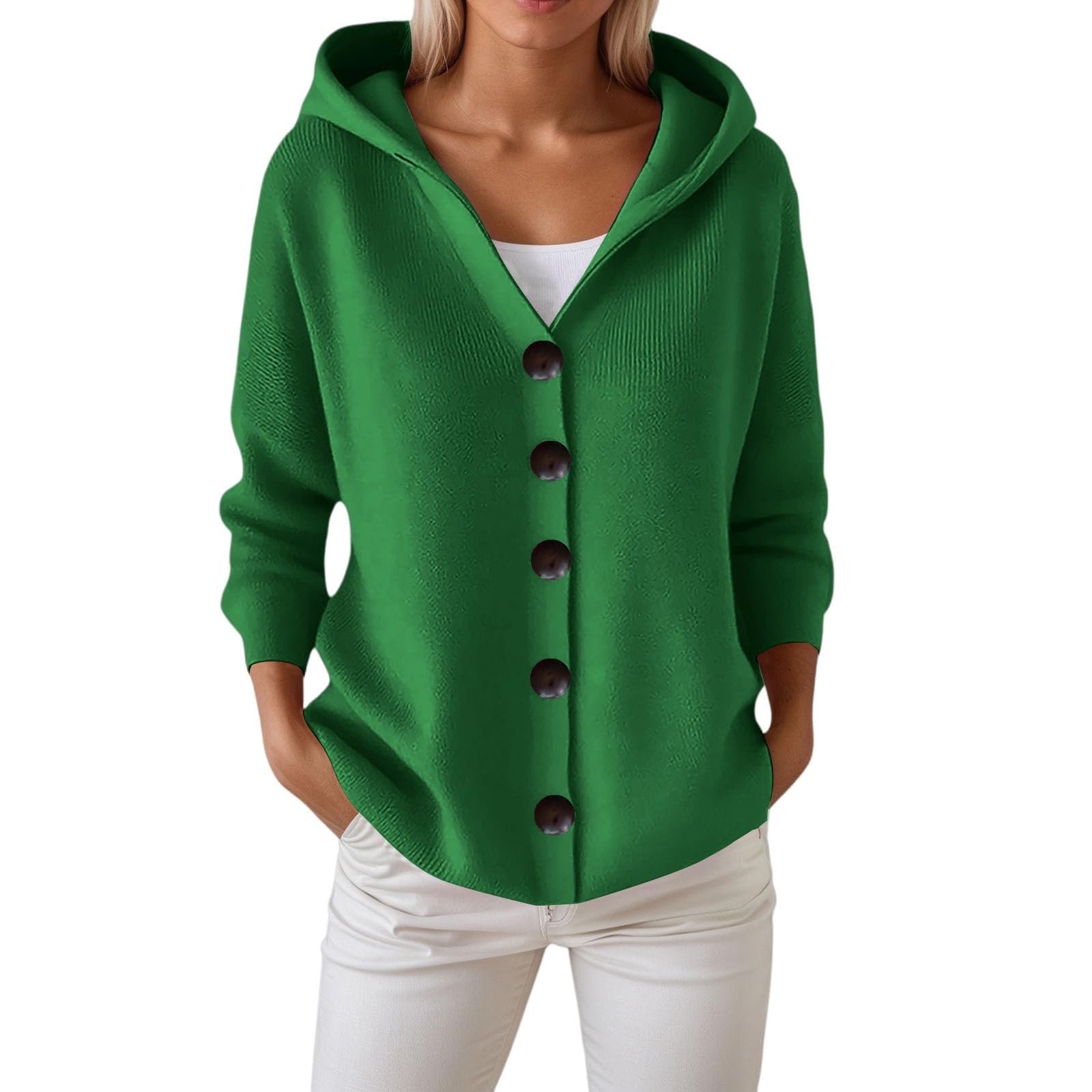 Sweater Hoodie for Women V Neck Button Down Knitted Sweater Cardigans Casual Solid Color Long Sleeve Hooded Sweaters