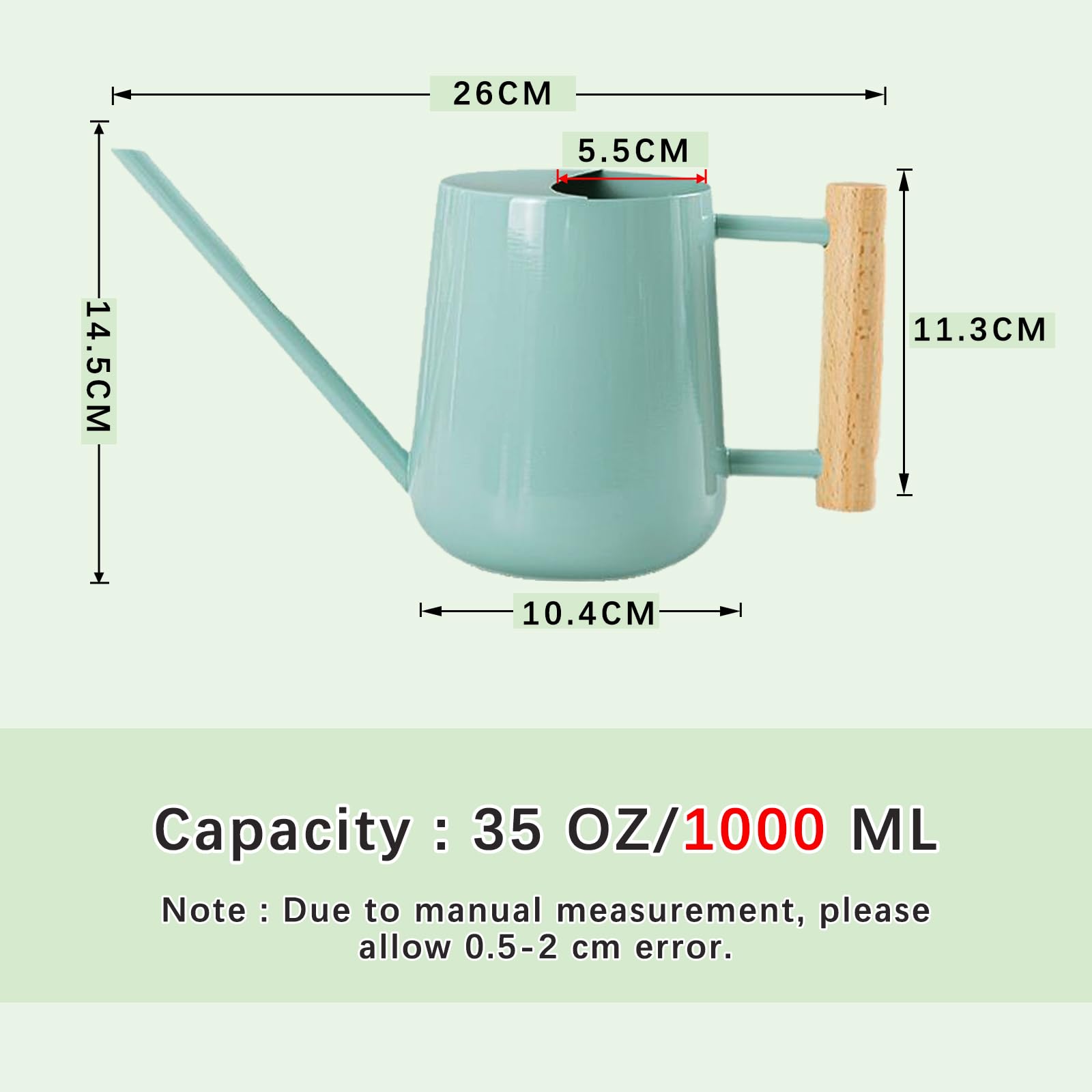 Arrosoir en Acier Inoxydable 1L(35oz), 1000ml Metal Arrosoir Petit pour Plante Interieur, Extérieures, Jardin, Jardinage avec Long Bec et Poignée en Bois Confortable - Bleu