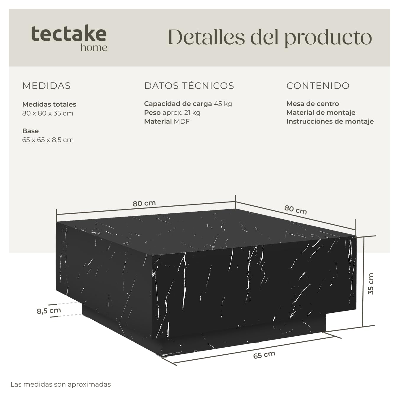 tectake® Mesa de Centro con Diseño Minimalista, Mesa Auxiliar Salon para Mueble Salon Moderno, Mesas Auxiliares, Mueble Comedor, Mesitas de Noche - 80 x 80 x 35 cm Aspecto Mármol Negro