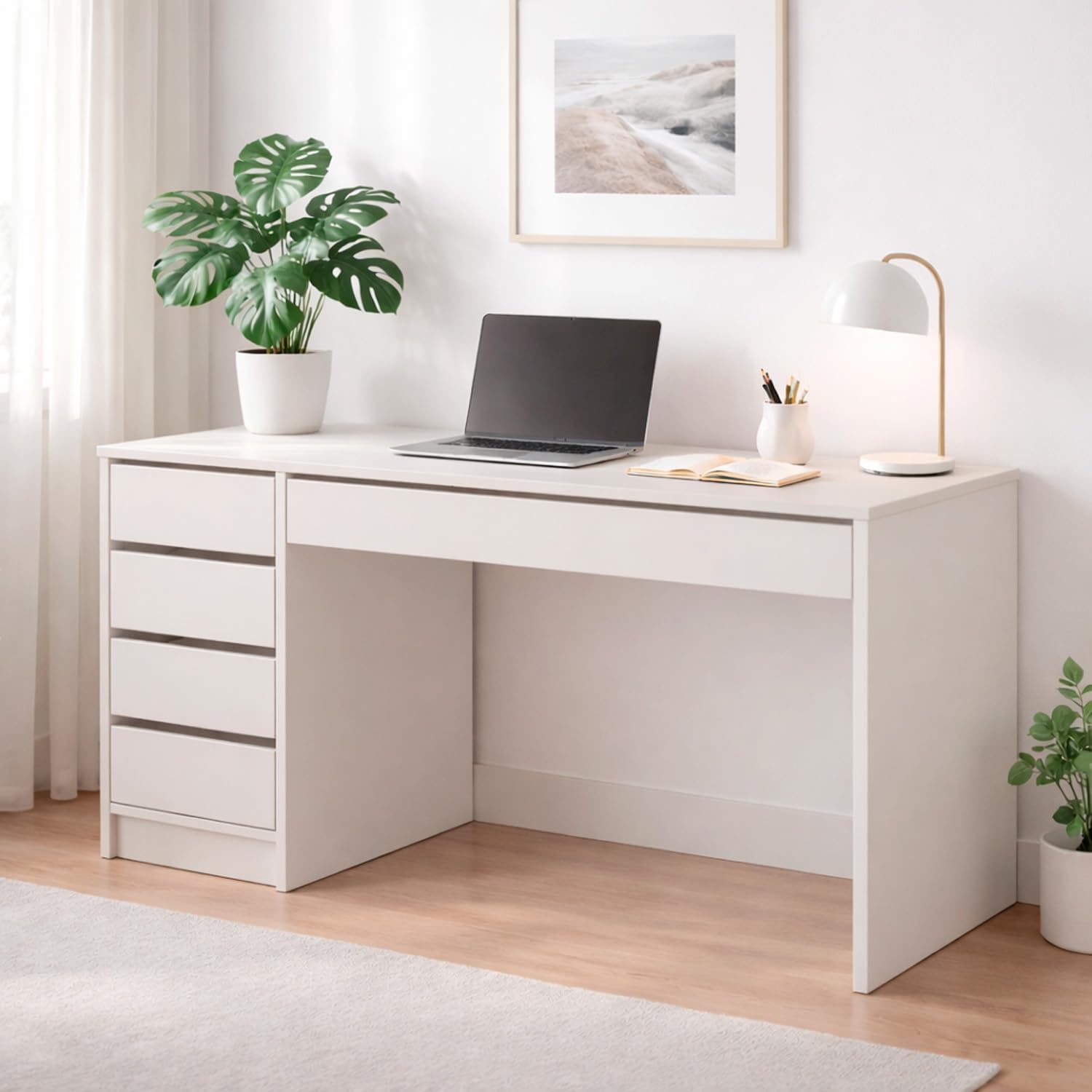 Arreditaly Scrivania Moderna Con 4 Cassetti E 1 Cassettone Centrale Scrittoio Tavolo Da Studio Multifunzione Home Office Reversibile Ufficio Design Kolkata 120 x 75 x 55 Cm (Cashmere)