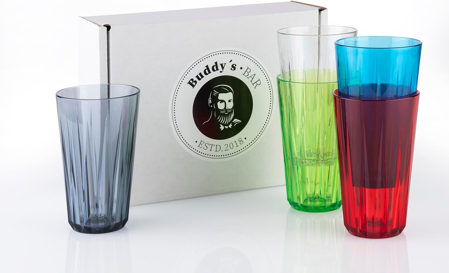 Buddy´s Bar - Set of 6, 0.5 Litre Tritan Plastic Drinking Glasses, BPA Free, Crystal Glass Look, Shatter-Proof Reusable Glasses, Dishwasher Safe, 500 ml, Colourful
