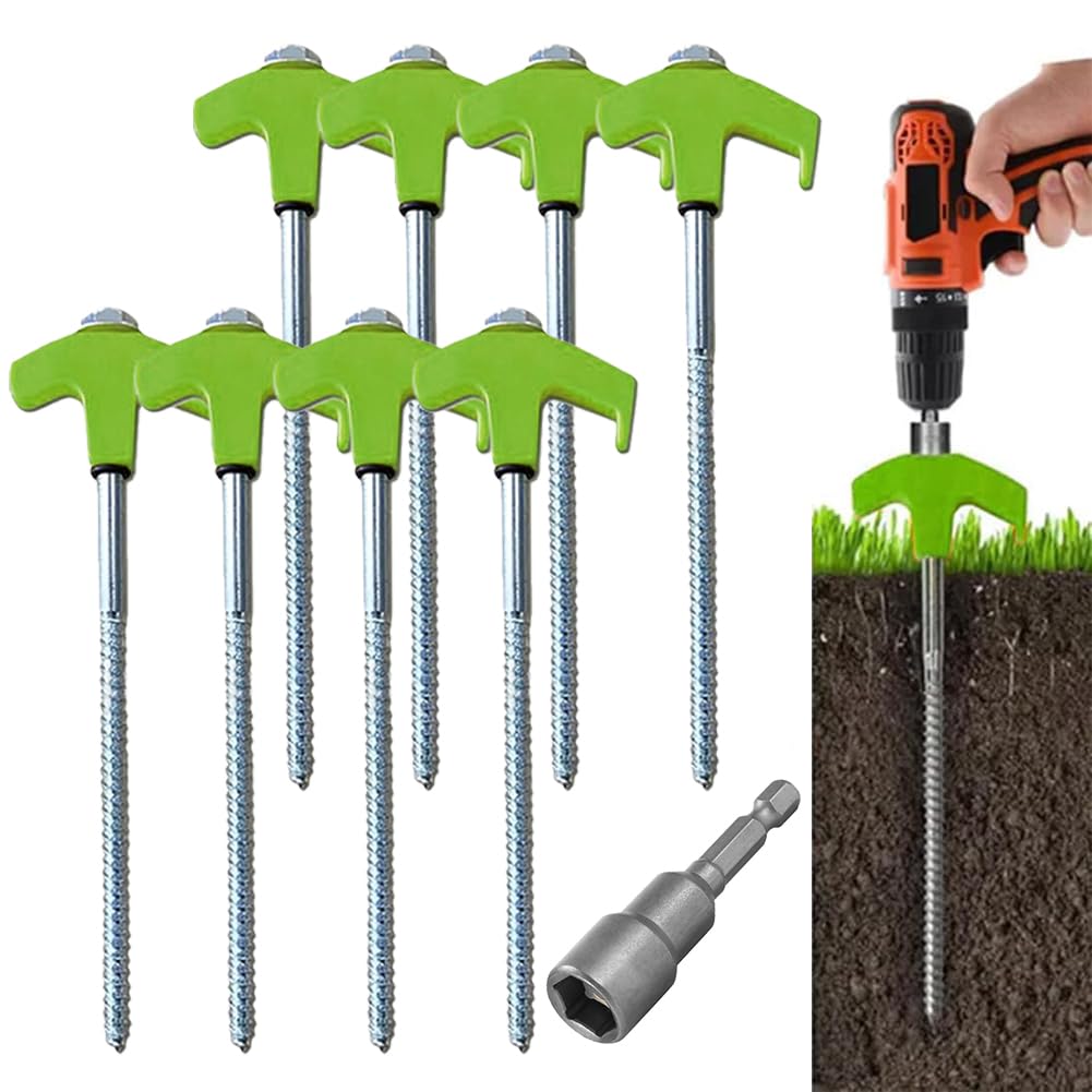 8" Heavy Duty Metal Tent Stakes, Screw-in Ground Anchors with Hex Socket for Camping and Outdoor, 20CM (Green)