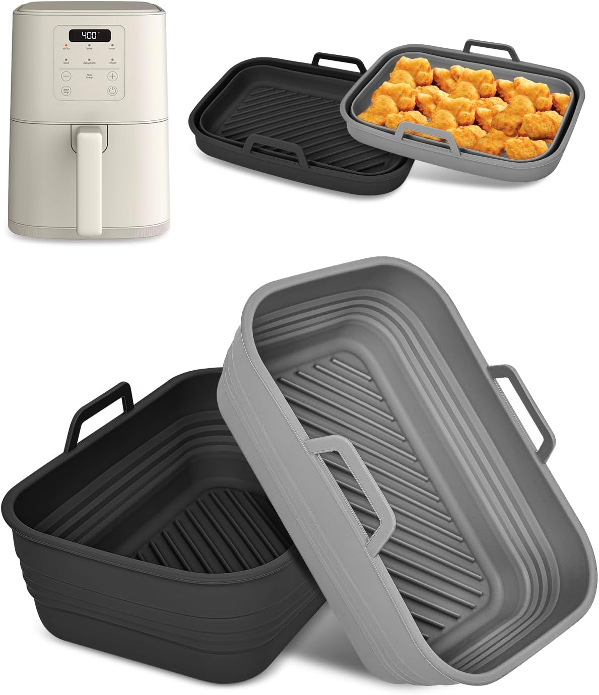 Collapsible Air Fryer Silicone Liners 2-Pack for Bella 4Qt Slim Air Fryer(3.3lb Capacity), Reusable Airfryer Silicone Pot Rectangle, Non-stick Baking Basket Insert for Air Frier Accessories,Gray+Black Collapsible Air Fryer Silicone Liners 2-Pack for Bella 4Qt Slim Air Fryer(3.3lb Capacity), Reusable Airfryer Silicone Pot Rectangle, Non-stick Baking Basket Insert for Air Frier Accessories,Gray+Black