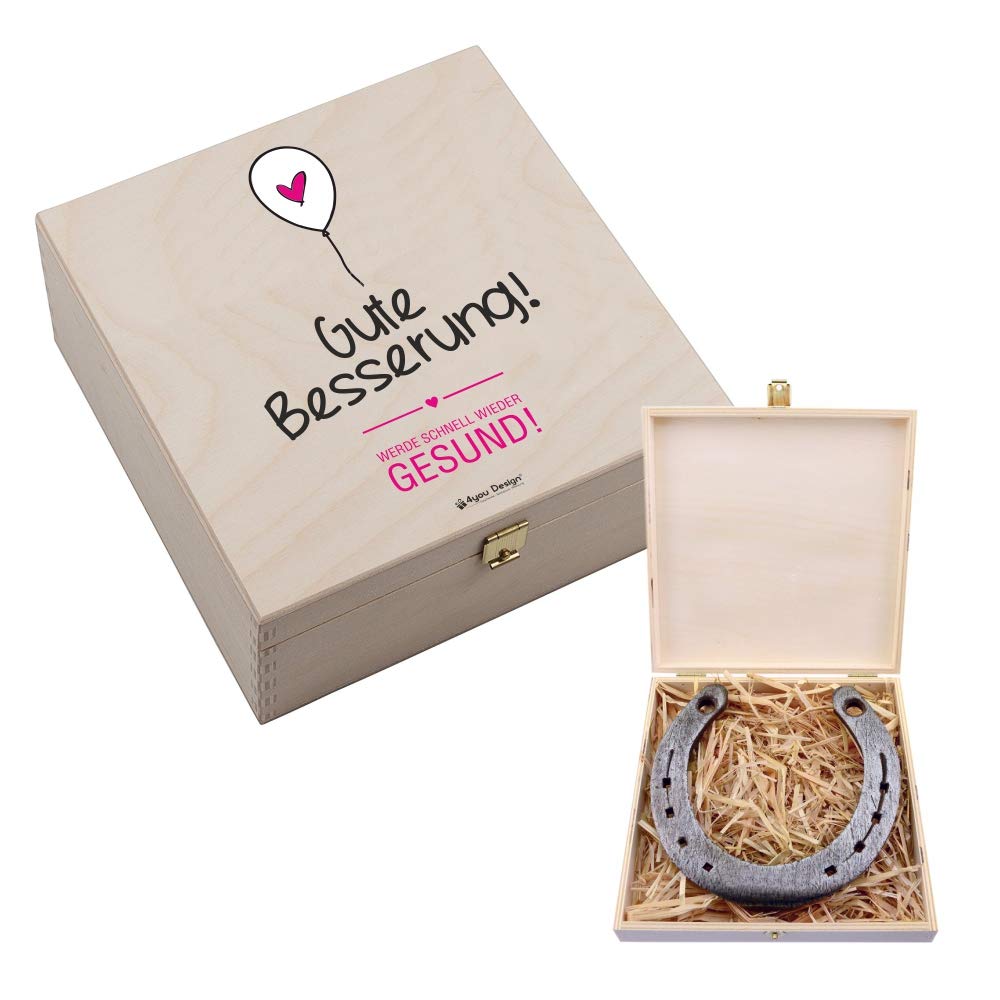 4youDesign Echtes Hufeisen in Holz-Geschenkschachtel Gute Besserung mit Gravur – 2 Hufeisennägel zum befestigen – Geschenk kranke Freunde, Familie – Glücksbringer - 17x17x3,5cm