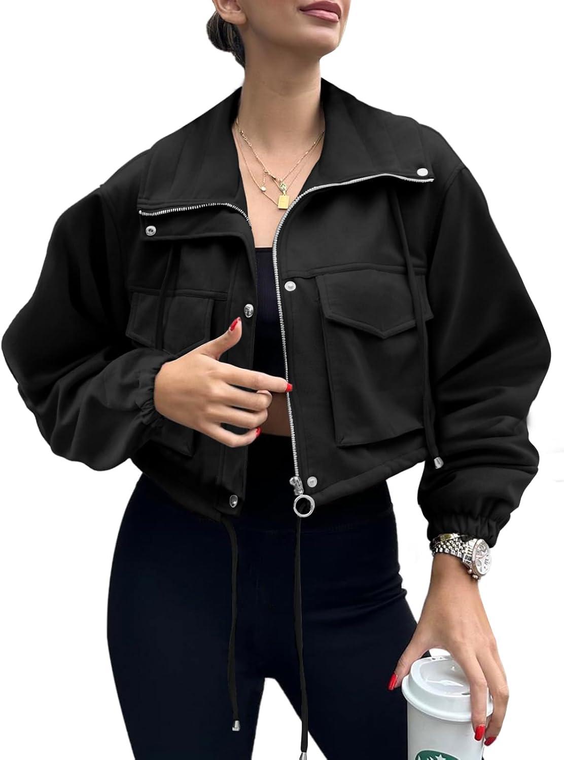 Womens Cropped Jacket Faux Suede Zip Up Oversized Anorak Coats with Pockets Utility Jackets