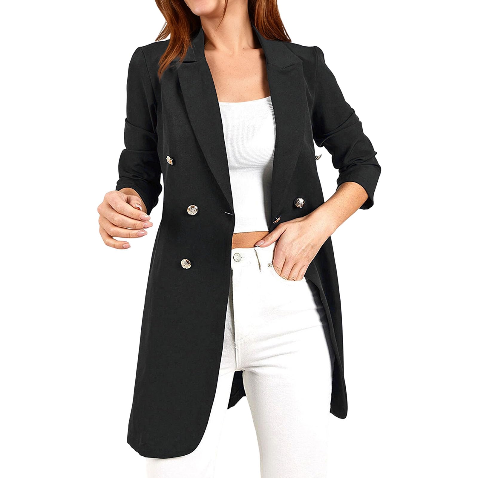 Womens Double Breasted Blazer Jacket Long Sleeve Lapel Casual Work Office Suit Outerwear