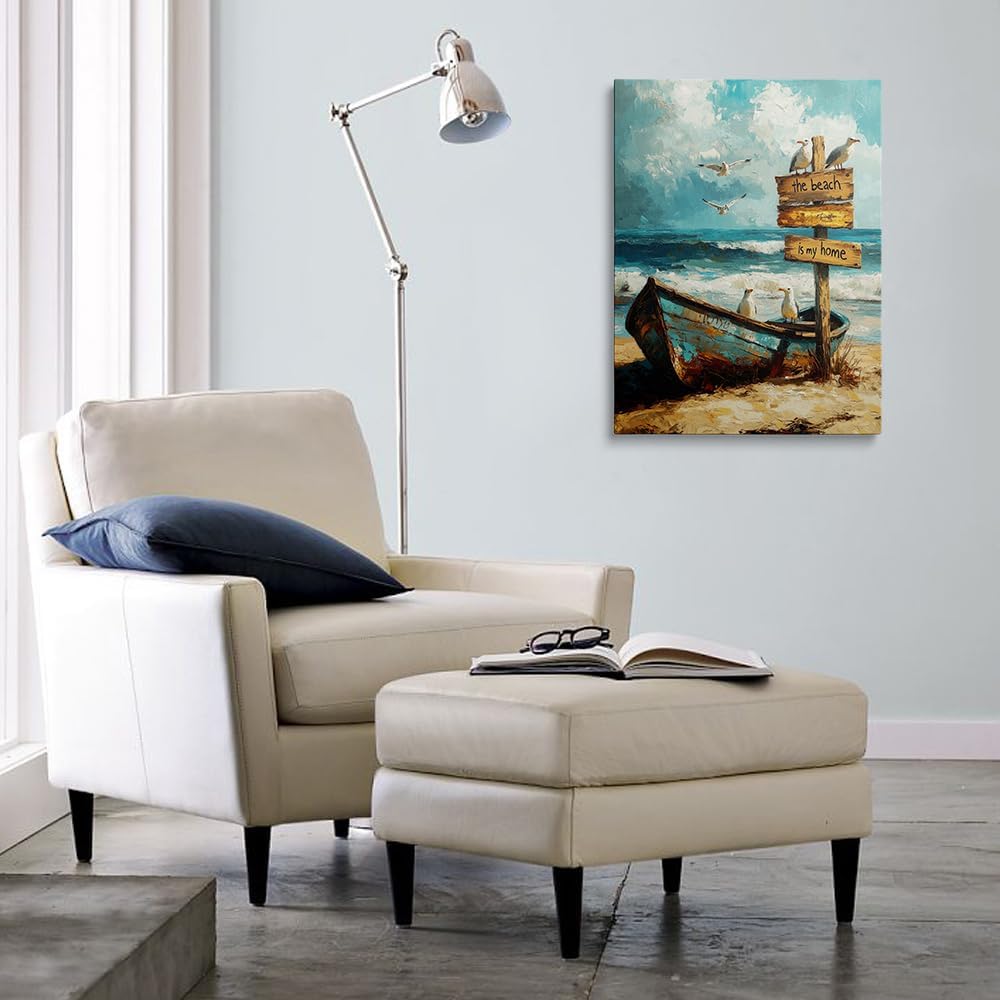 Coastal Beach Rowboat Canvas Wall Art Framed Painting The Beach is My Home Sign Seagulls Turquoise Waves Wall Decor Artwork Print Poster Nautical for Bathroom Office Decor 16x24 Inches