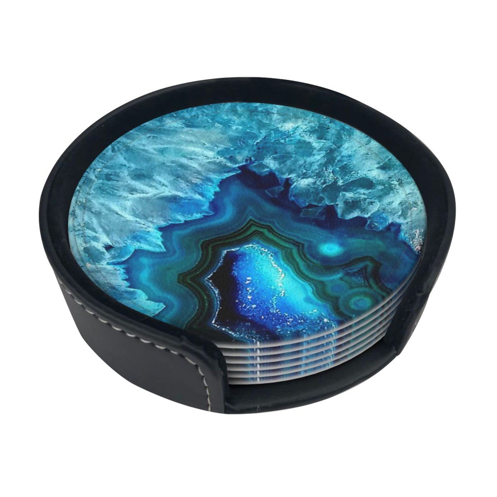 Coasters Set Of 6 Bright Aqua Blue Turquoise Print Leather Coasters For Drinks,Home Décor And Housewarming Gift