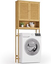 Xbro Washing Machine Cabinet, Space-Saving Toilet Cabinet with Doors and Open Shelf, for Laundry and Small Bathrooms, 66 x 26 x 170 cm, Bamboo Wood