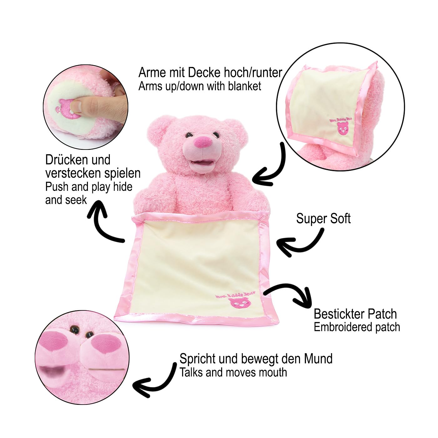 JAMARA Mrs. Babble Bear – podnosi i opuszcza ramiona z kocem, gra w chowaną, mówi i porusza ustami, miękkie futro