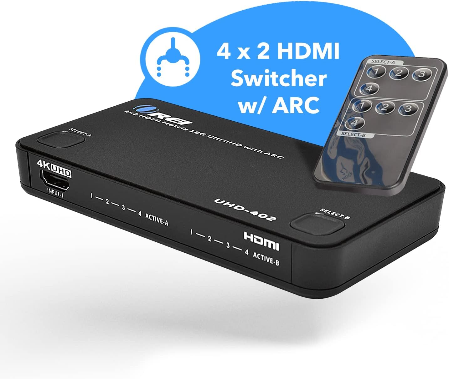 OREI 4K HDMI Matrix Switch 4 X 2, Switcher 18G UltraHD with Arc Supports upto 4K @ 60Hz & 1080P IR Remote Control - Full Matrix Selection (UHD-402)