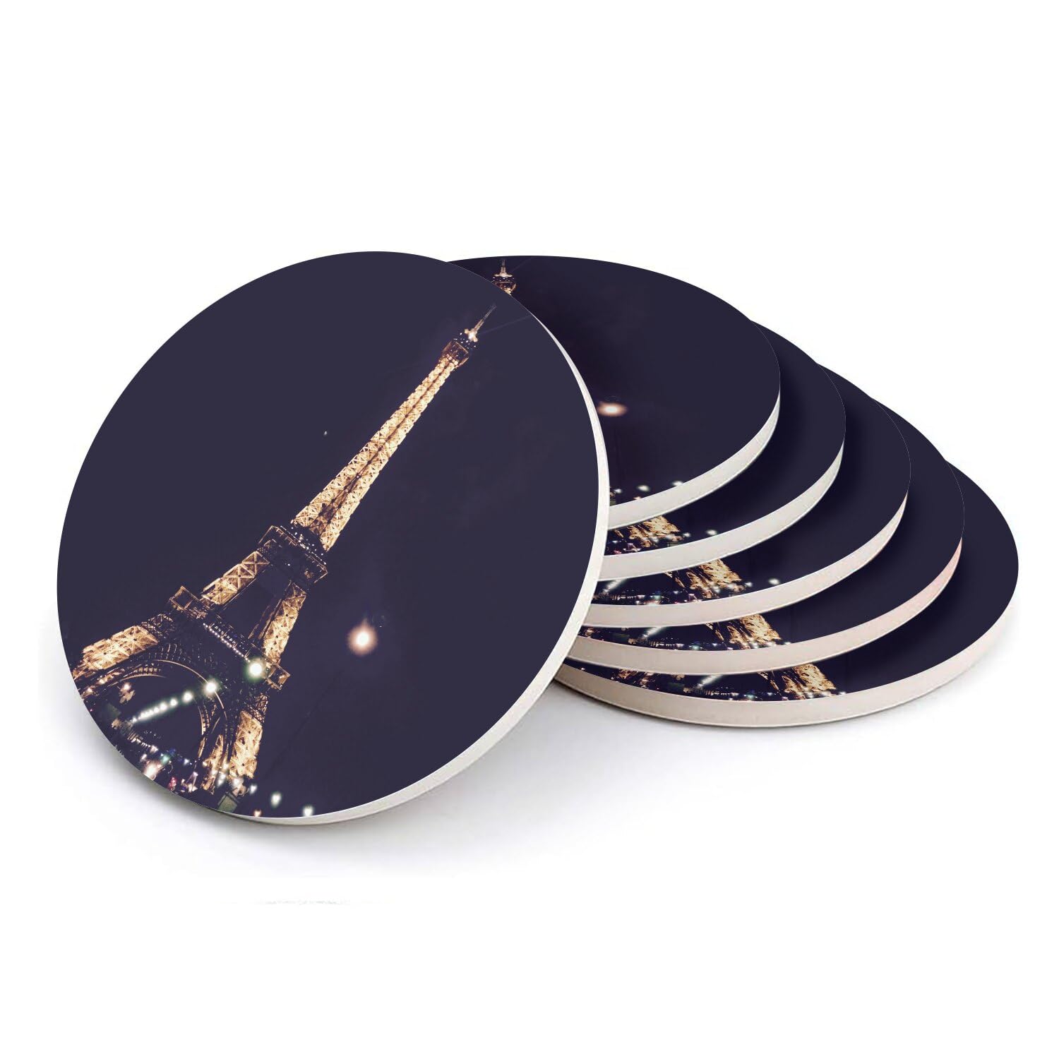 Sous-verre ronds en céramique Paris Tour Eiffel de nuit - Lot de 6 dessous de verre absorbants