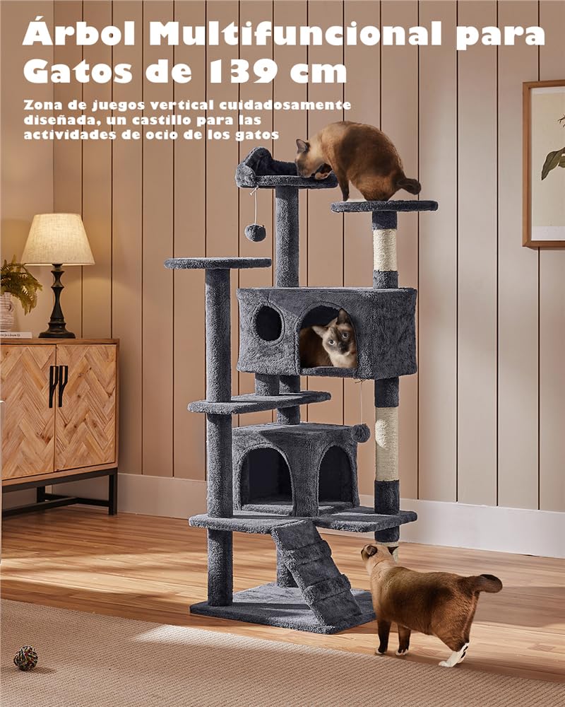 Yaheetech Árbol Rascador para Gatos 139cm con 3 Plataformas 2 Nidos 2 Pompones Torre de Escalador con Postes en Sisal Ideal para 3-4 Gatos Gris Oscuro — view 2