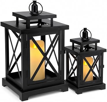 JHY DESIGN 2-Pack Vintage Metal Decorative Lantern 12.5"/9" H Hanging Lantern with Flickering LED Pillar Candles for Garden Living Room Indoor Outdoor Parties Weddings BalconyBlack