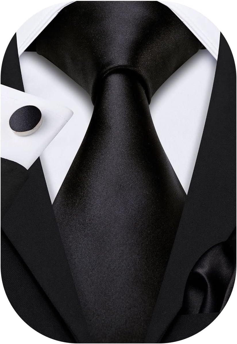 Plain Men Silk Ties Extra Long Satin Necktie for Wedding Business Handkerchief Cufflinks Set Solid Colors