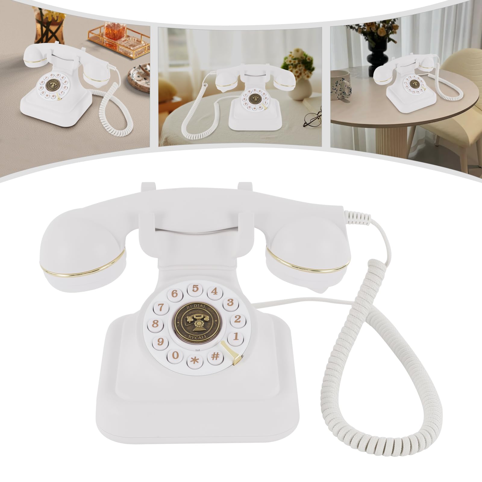 Telefono Fisso Vintage Bianco Con Cornice Dorata - Stile Retrò Con Volume Regolabile