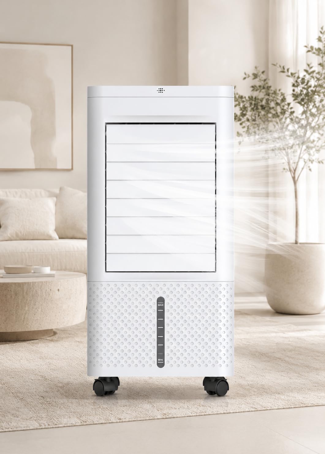DOMAIR - Rafraîchisseur d’Air Mobile 60W, Ventilateur Refroidisseur avec Télécommande et écran, Oscillation, Modes Sommeil et Naturel, Minuterie 12h, Blanc