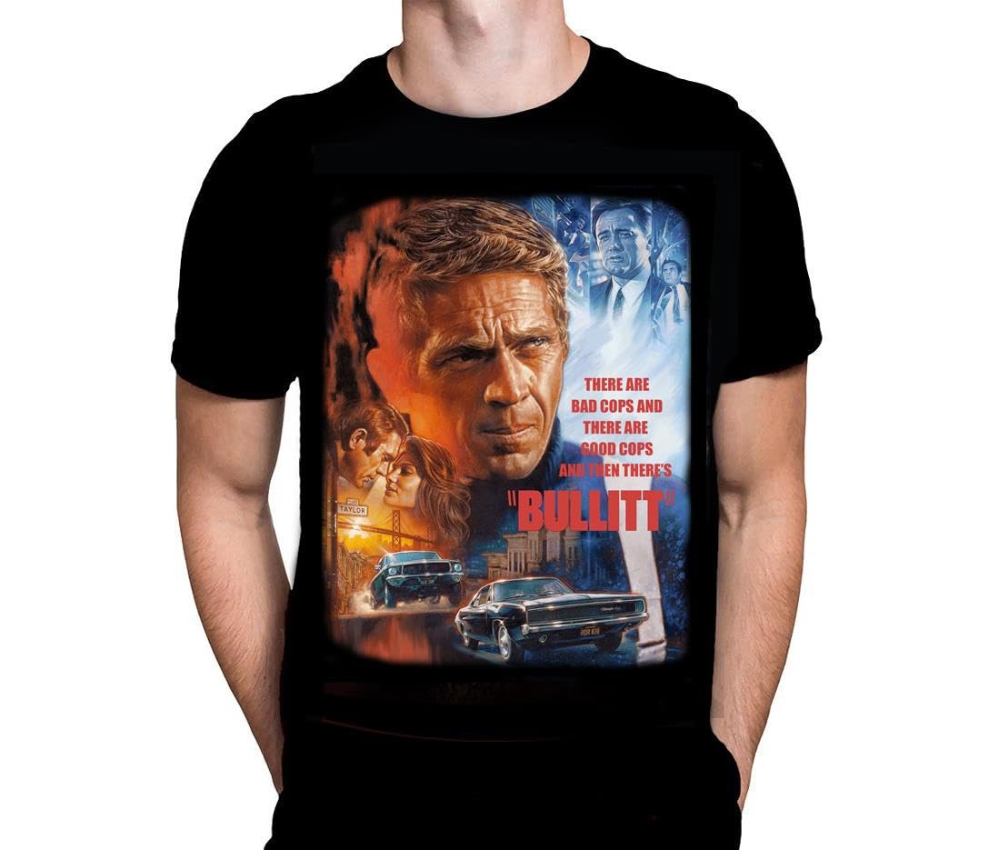 Wild Star Hearts WSH - Bad Cop/Good Cop - Bullitt Steve McQueen Vintage Movie T-Shirt Black Halloween Horror Movie Fan Merhcandise T-Shirt