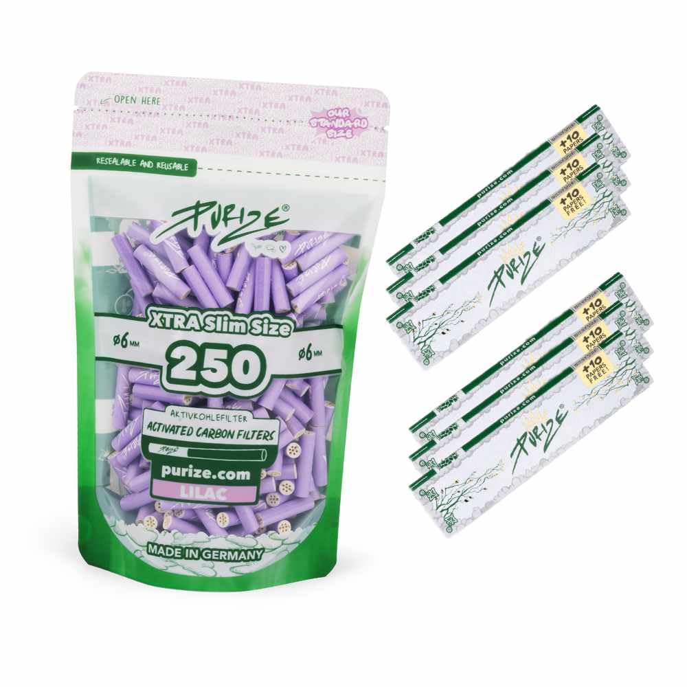 PURIZE Bundle 250 Stück Xtra Slim Size Aktivkohlefilter 5,9mm + 6 Päckchen (252 Blättchen) PURIZE Long Papers (Flieder)