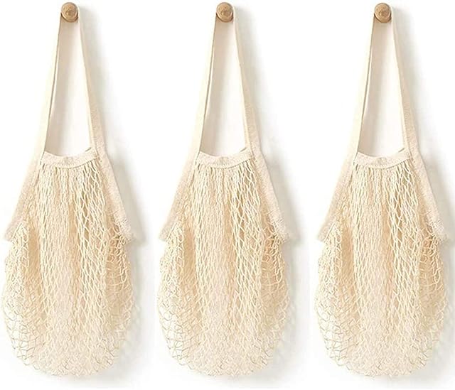 YOYI Reusable Net String Shopping Bags,Washable100% Cotton String Shopping Bags Produce Net Tote Bags with Short Handle Shopping Handbag for Fruit Vegetable Storage ect (3 Beige)