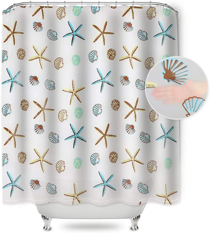 Hoomall Shower Curtain Waterproof Mould Resistance PEVA Fabric Bathroom Curtains Beach Decor Home Decor Bathroom Textile Leisure Starfish Print Bath Curtain with Hooks 180 * 180cm