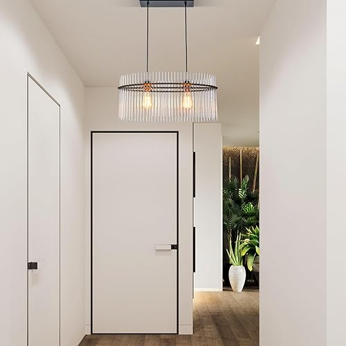 Miniatura 7 de Candelabro moderno de cristal D23.6 de 2 luces, lámpara colgante sobre mesa, lámpara colgante contemporánea, altura ajustable E26 para sala de