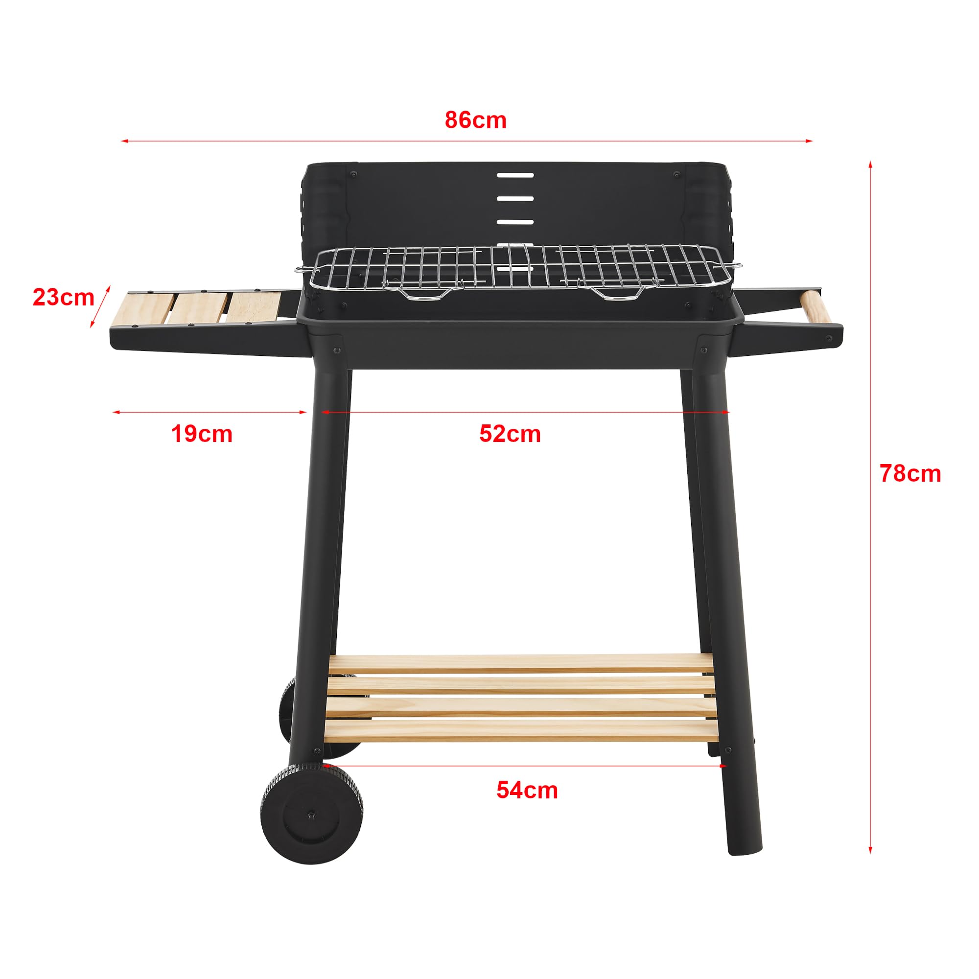 casa.pro Grill na kółkach Ari, grill na węgiel drzewny, ruszt do grillowania z emaliowanej stali nierdzewnej, grill ogrodowy, 2 koła, ochrona przed wiatrem, z regulacją wysokości rusztu 78 x 86 x 30