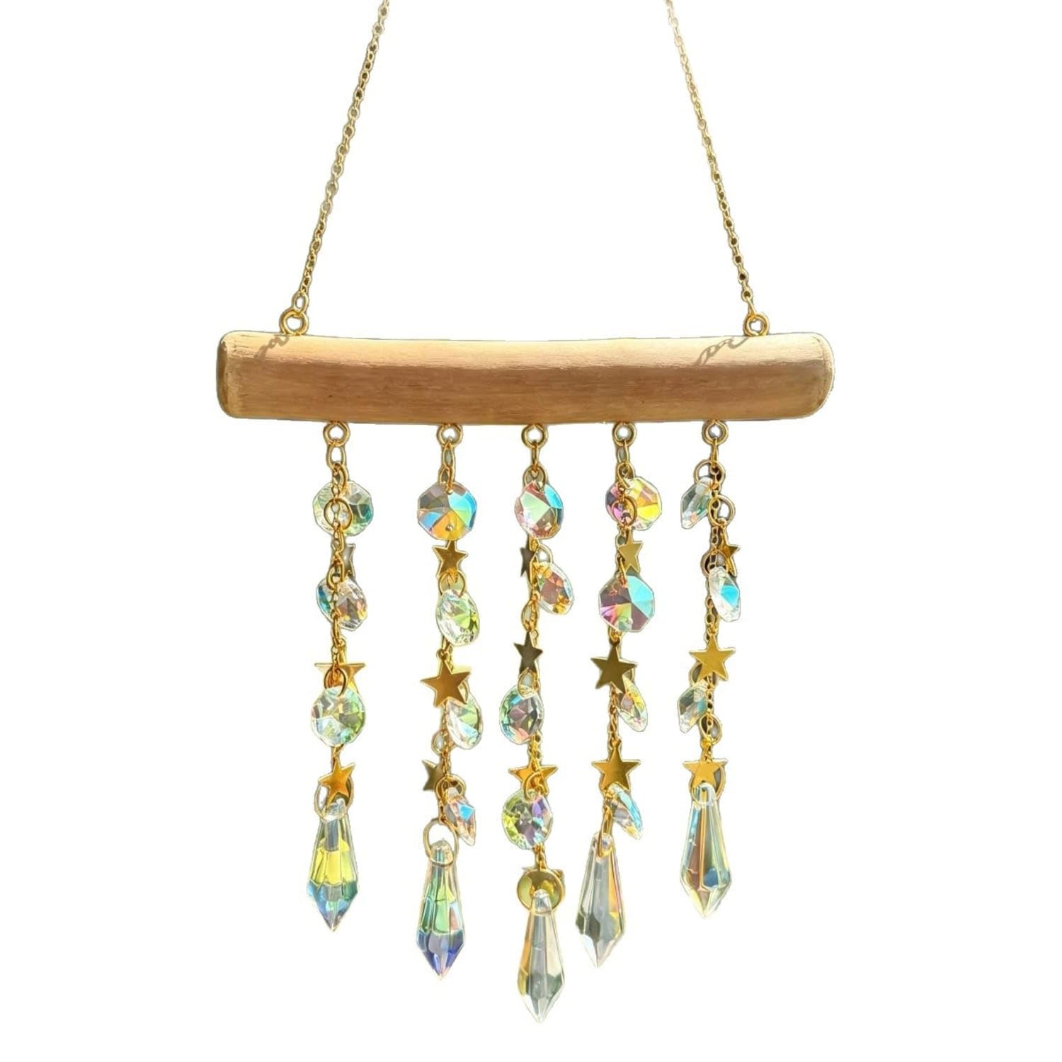 Faceted Sun Catcher with Crystals Iridescent Suncatcher with Crystals Gold-Tone Hanging Sun Catcher Light-Catching for Window, Balcony, Bedroom, Wood 16 Stars-image-1