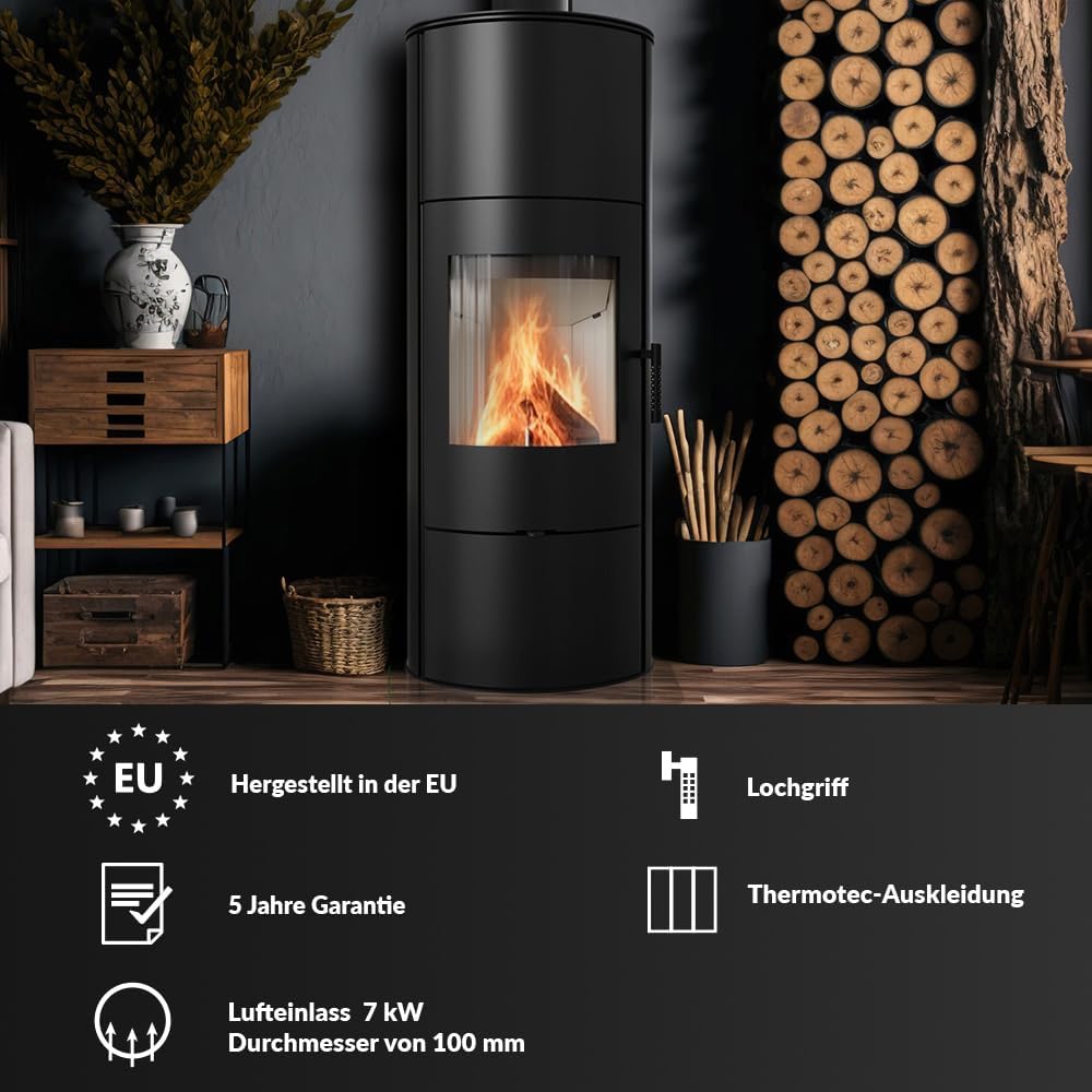 Kaminofen aus Stahl Rollo bereit Satz Ø 150 7 kW mit Raumluftunabhängig, BImSchV 2, EEK A, Hitzebeständige Handschuhe inklusive