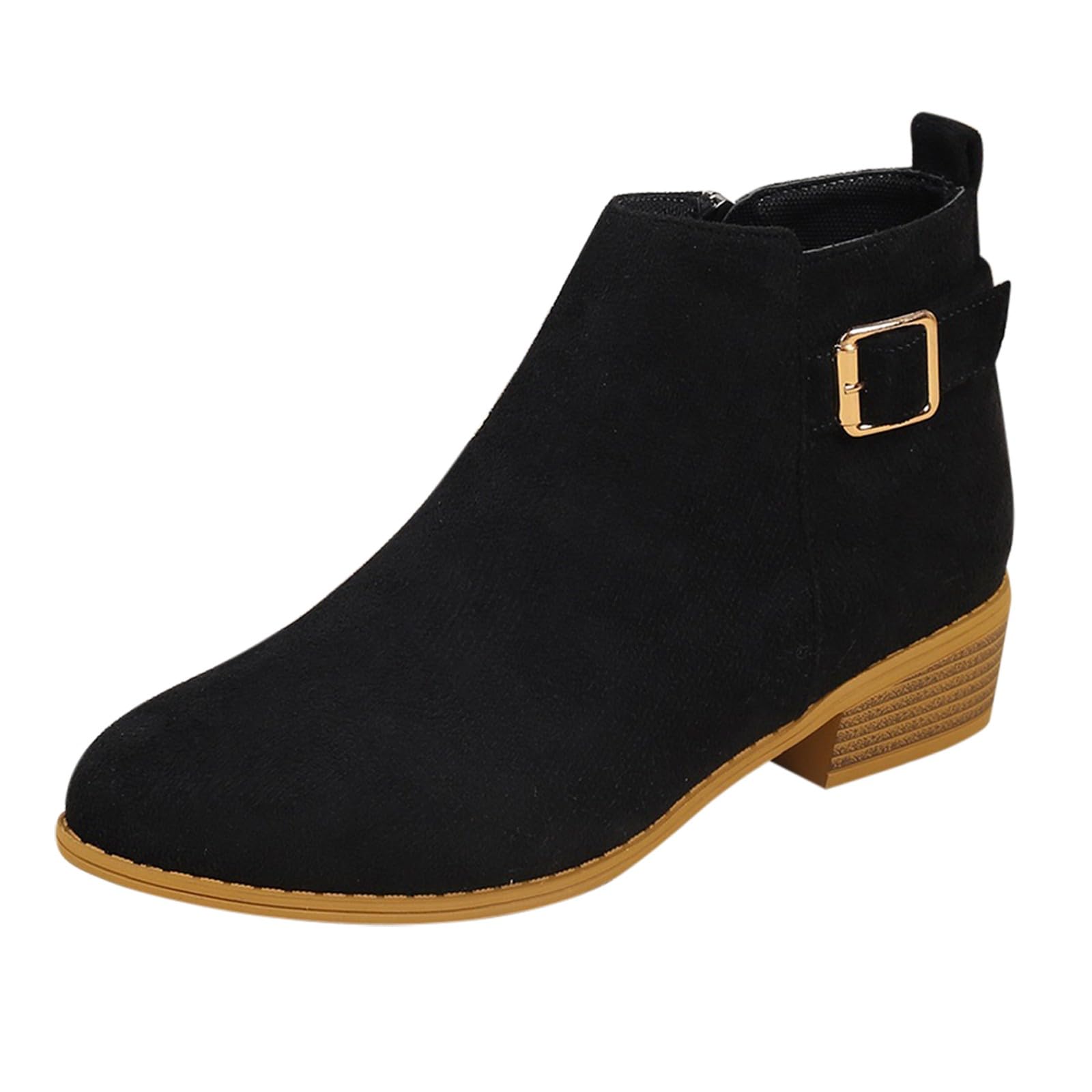 Womens Suede Ankle Boots Pointed Toe Chunky Block Heel Buckle Strap Fall Winter Dress Short Booties with Side