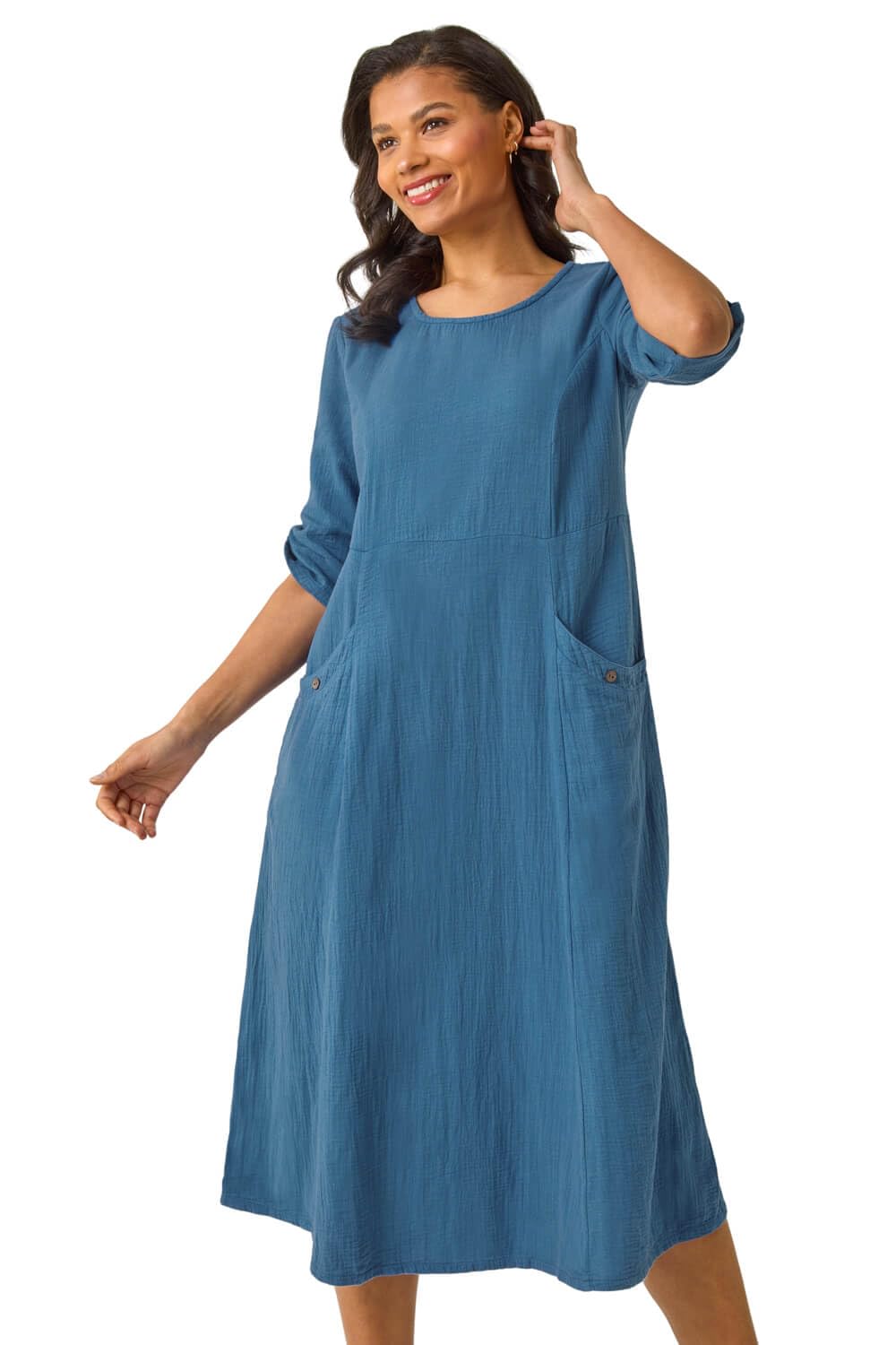 Roman Women's Blue Textured A-Line Midi Dress In Size 10