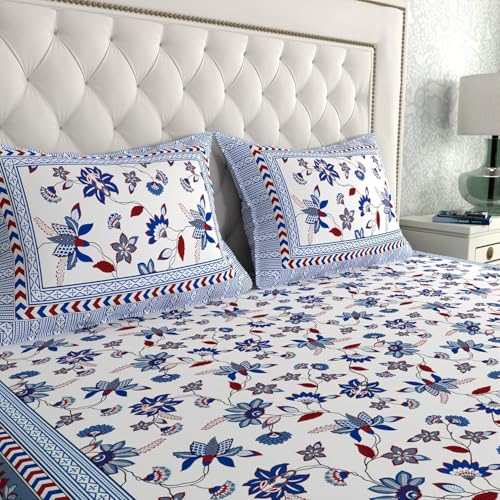 Image of La Verne 140 TC 100% Cotton King Size Jaipuri Rajasthani Print Bedsheet with 2 Pillow Covers (Purple)