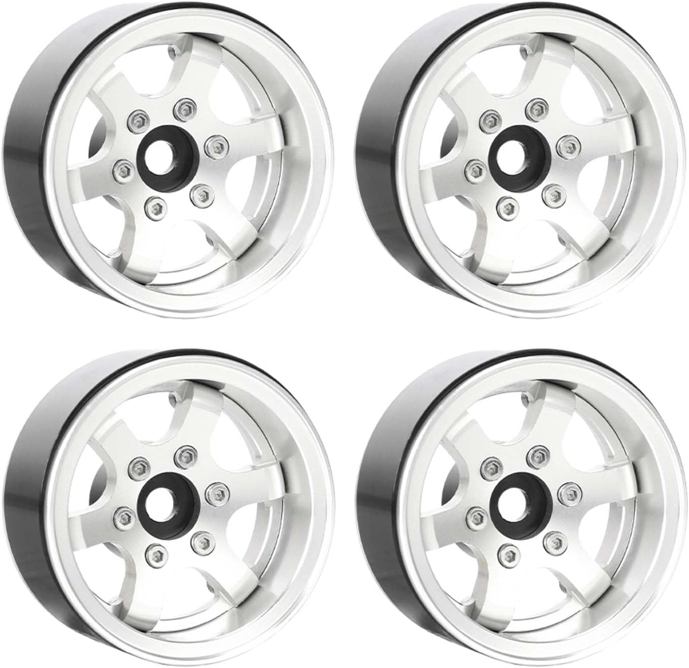 1.55 inch Beadlock Wheels +2.8mm/-4.4mm Adjustable Offset Rims for 1/10 1/12 RC Crawler Car LC70 LC80 JIMNY (6-Spoke, Silver)