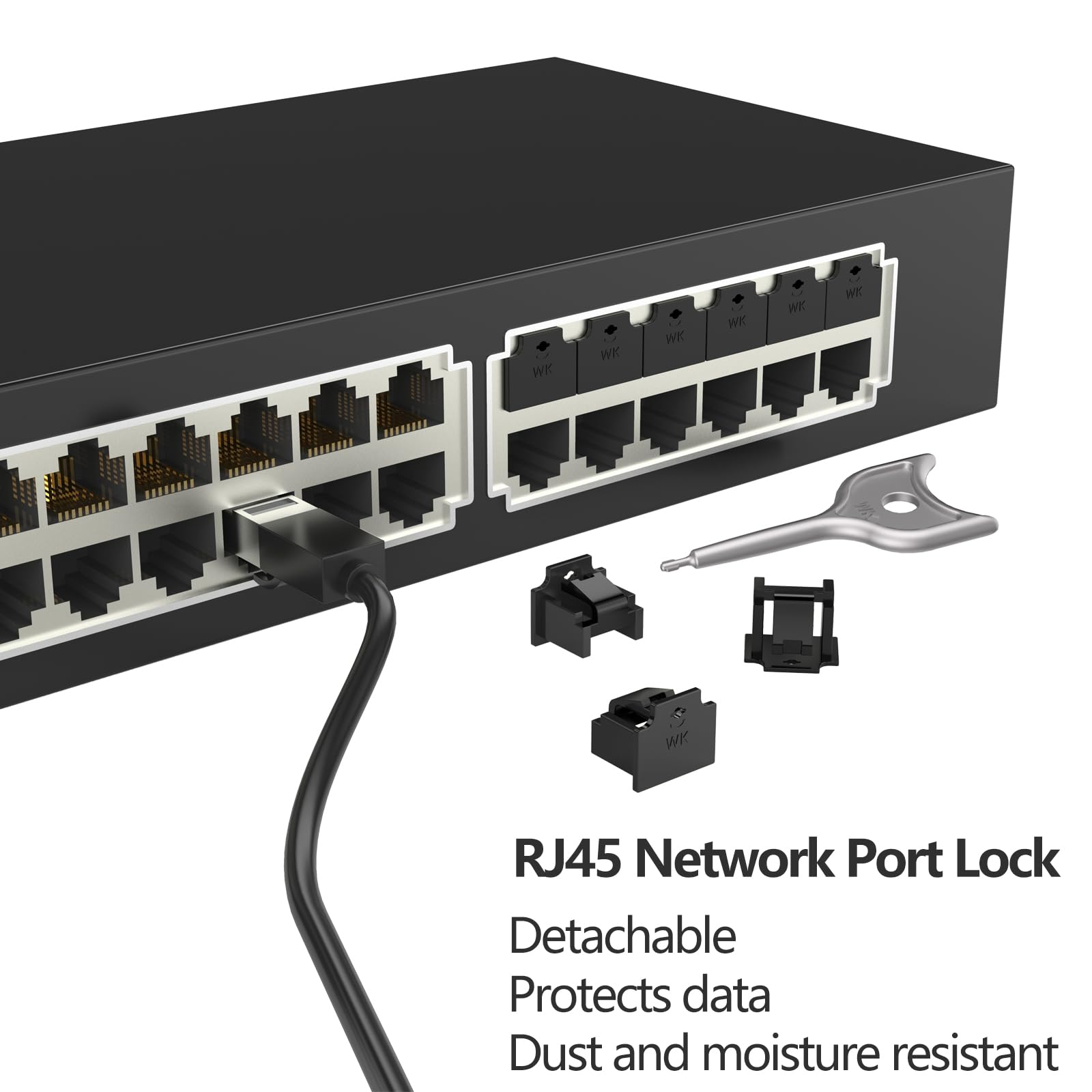 100 szt. blokada portu RJ45 z 5 kluczami, blokada portu RJ45 / blokada kurzu, osłona przeciwpyłowa RJ45 żeńskie wtyczki ochronne, kompatybilne urządzenia portowe RJ45 (czarna)