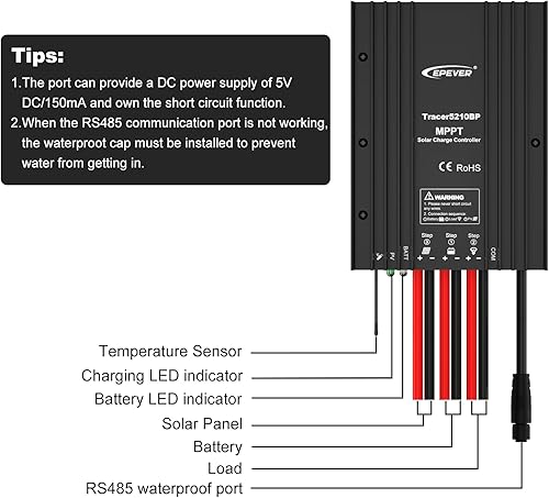 Miniatura 6 de EPEVER IP68 Waterproof 30A MPPT Solar Charge Controller 12V 24V Auto, Solar Panel Battery Intelligent Regulator with MT50 and RS485 Cable, Used in