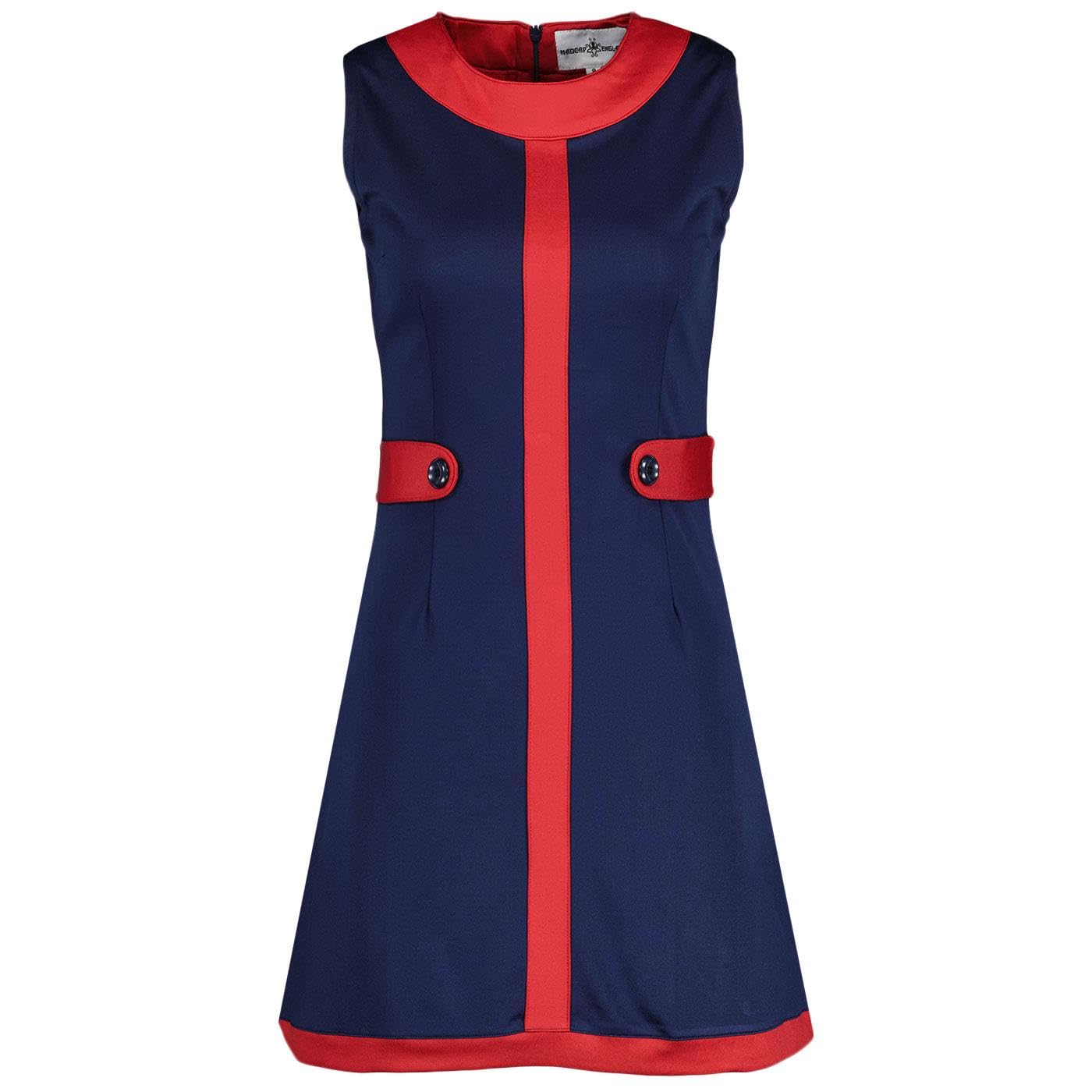 Madcap England Women's Navy/Red Retro Mod Vintage 1960S 60S Sixties Style Centre Stripe Jersey Mini Dress A Go Go Mc454 (Uk, Numeric, 12, Regular, Regular, )