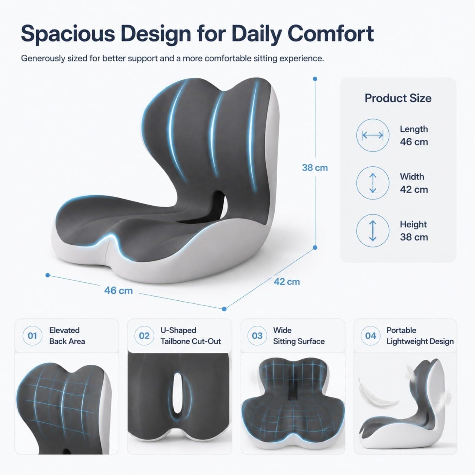Cojín ergonómico de espuma viscoelástica para silla de oficina, cojín de apoyo para el coxis con base antideslizante (beige)