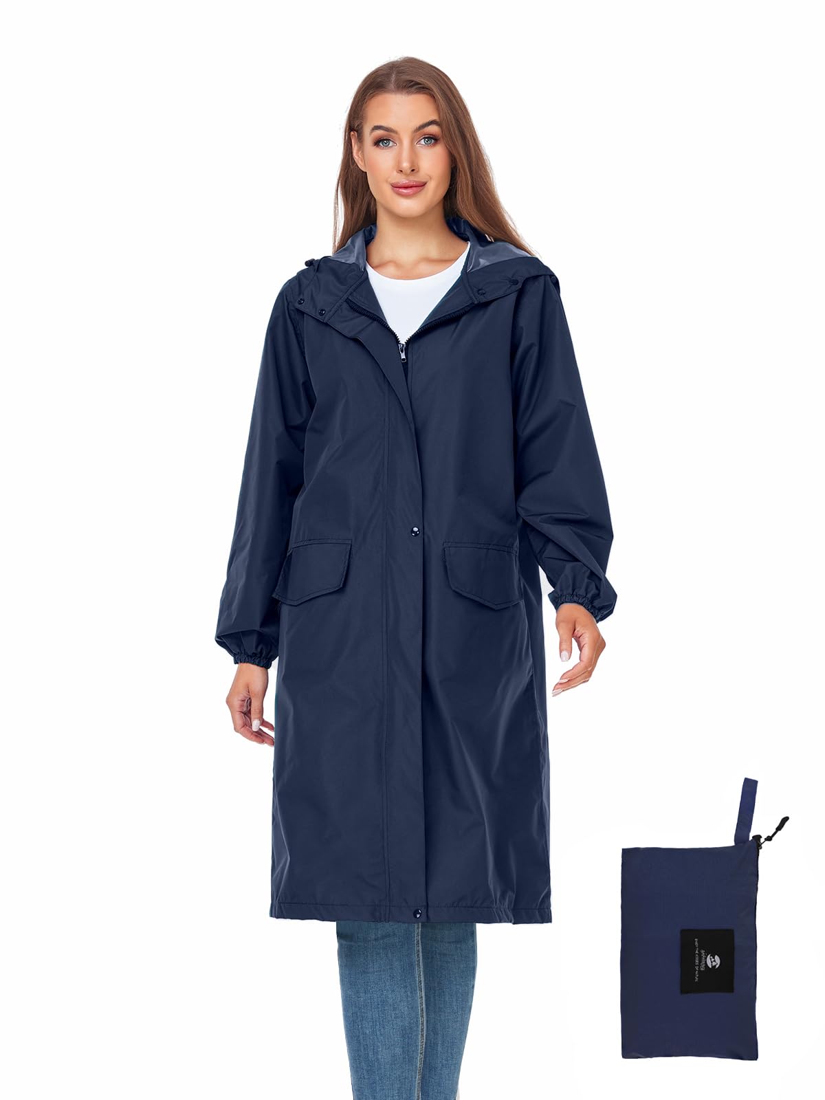SaphiRose Women's Long Rain Jacket Waterproof Lightweight Hooded Raincoat Packable Knee Length Rain coat