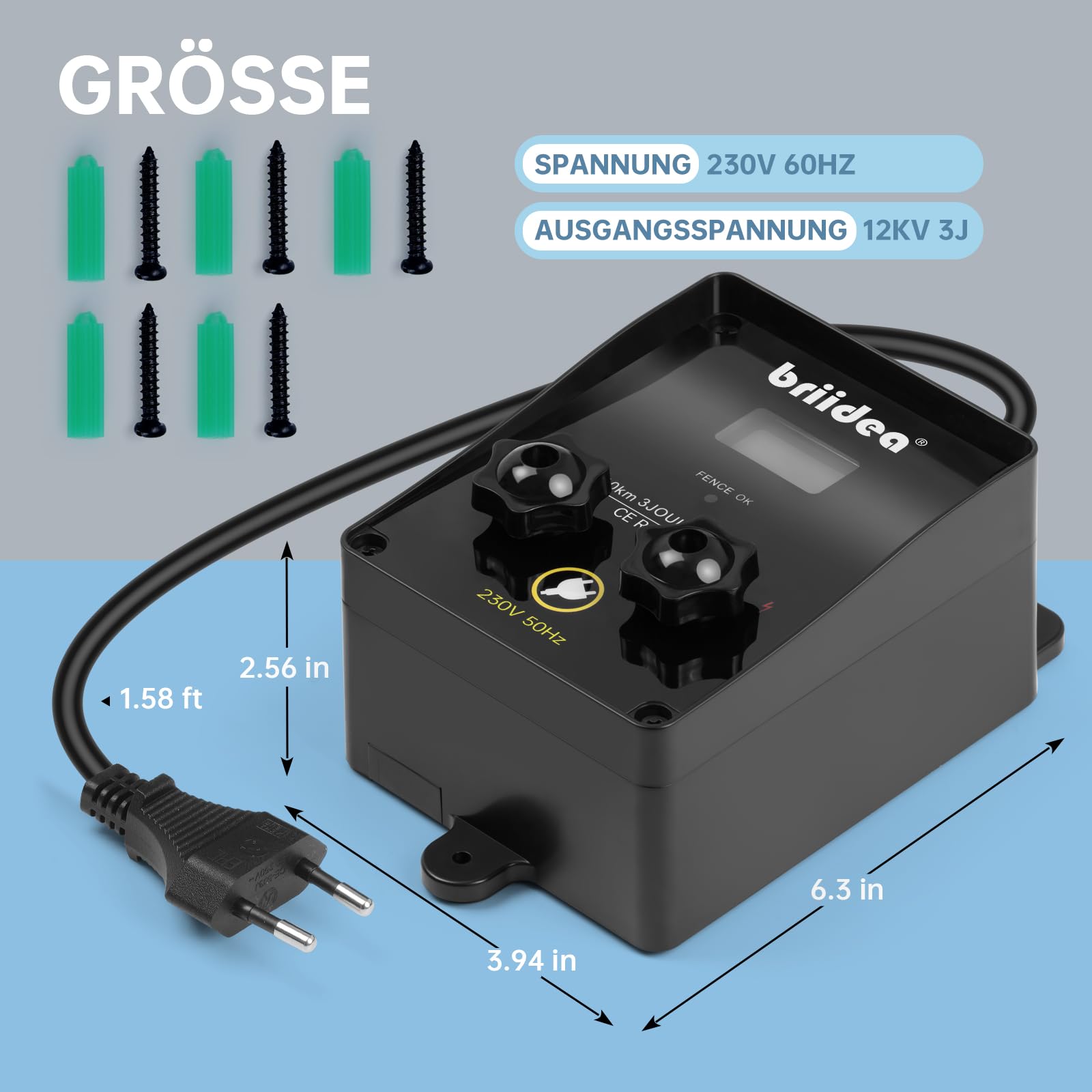 Briidea 12.000 V 3 Joule, caricatore elettrico per recinzione, portata 10 km, protezione sicura ed efficace degli animali da fattoria, giardino e pascolo