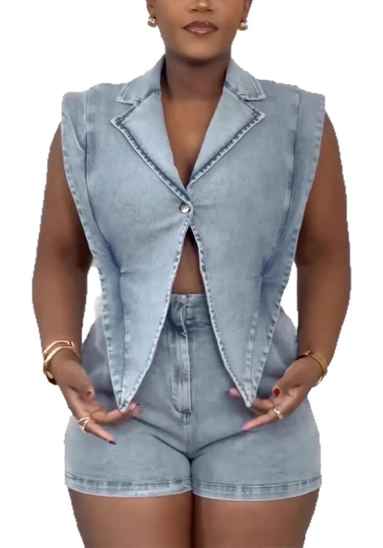 Ecirod Womens Denim Jumpsuit Romper Sexy V Neck Button Link Hollowed Sleeveless Jean Shorts
