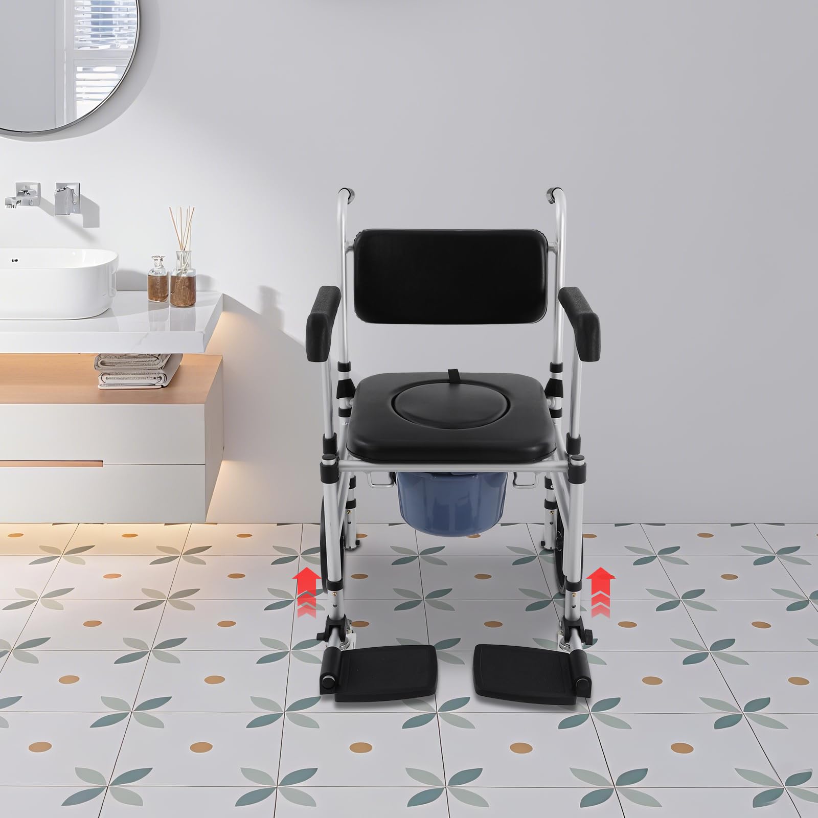 Silla de baño plegable con ruedas,Silla de aseo de aluminio ajustable en altura,Silla de inodoro móvil para personas mayores,Capacidad de carga de 150 kg