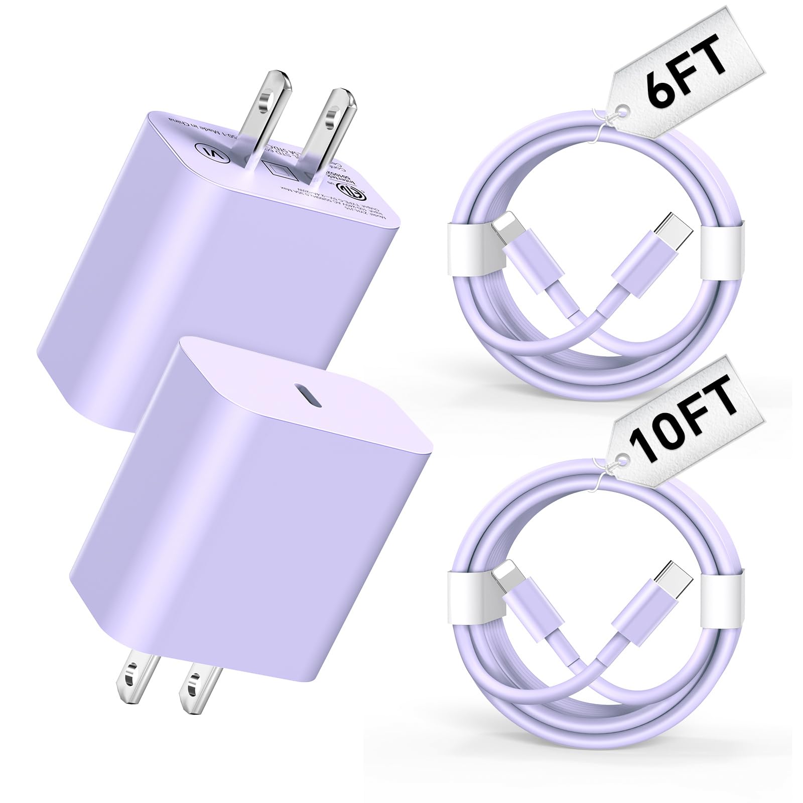 USB C Charger Compatible with i Phone Chargerr 2Pack 6/10FT Fast Charging Cable with 20W Type C Wall Phone Charger Compatible with i Phone 14/13/12/11/Pro/Pad/Pro/Max/Plus/XS/XR/X/SE/8 - Purple