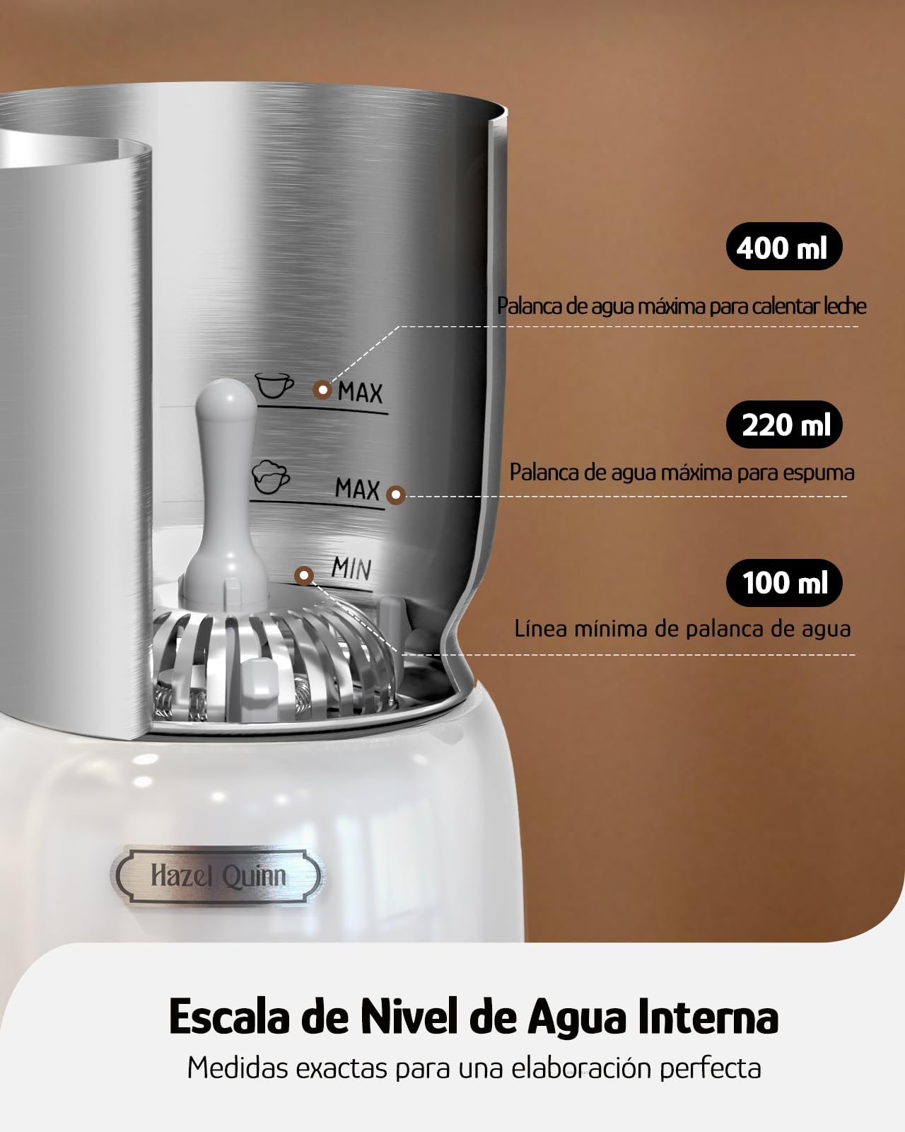 Hazel Quinn Espumador de Leche Eléctrico 5 en 1, Acero Inoxidable y Pantalla Táctil LED, Regulación de Temperatura, Espuma de Leche Fría y Caliente, Lavable en Lavavajillas, 400 ML, Blanco