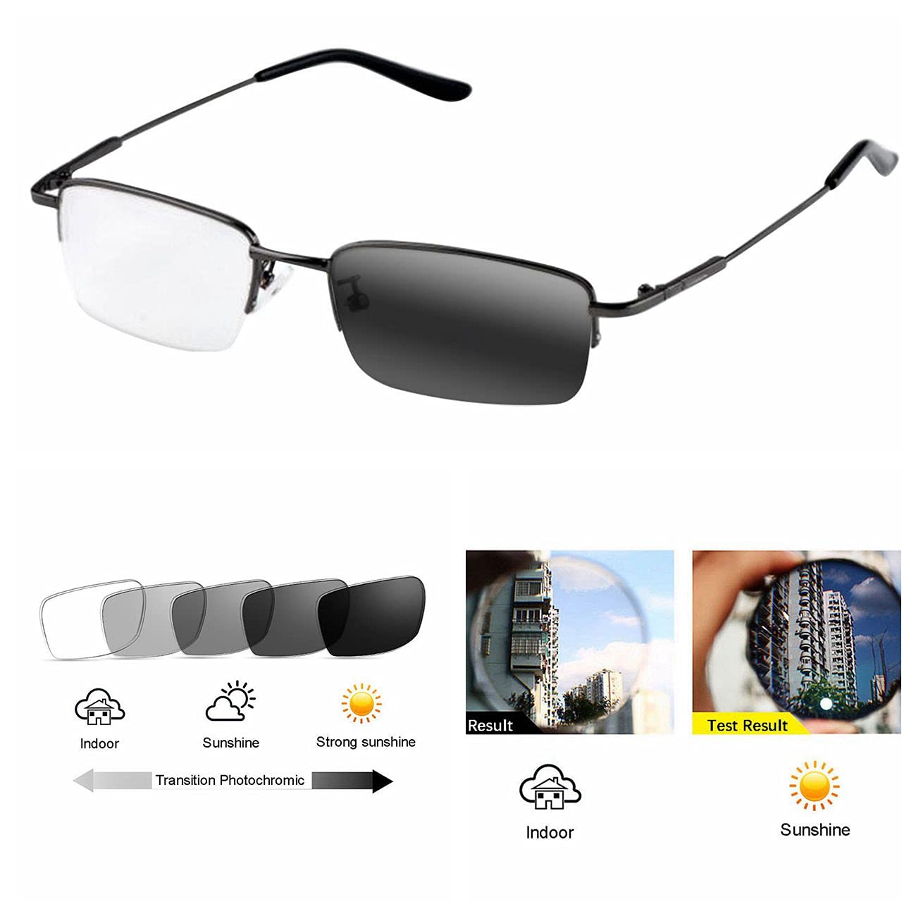 bestsight1936 Men Gray Half Rim Flexible Memory Blue Light Blocking Photochromic Reading Glass (Gray, 0.50)