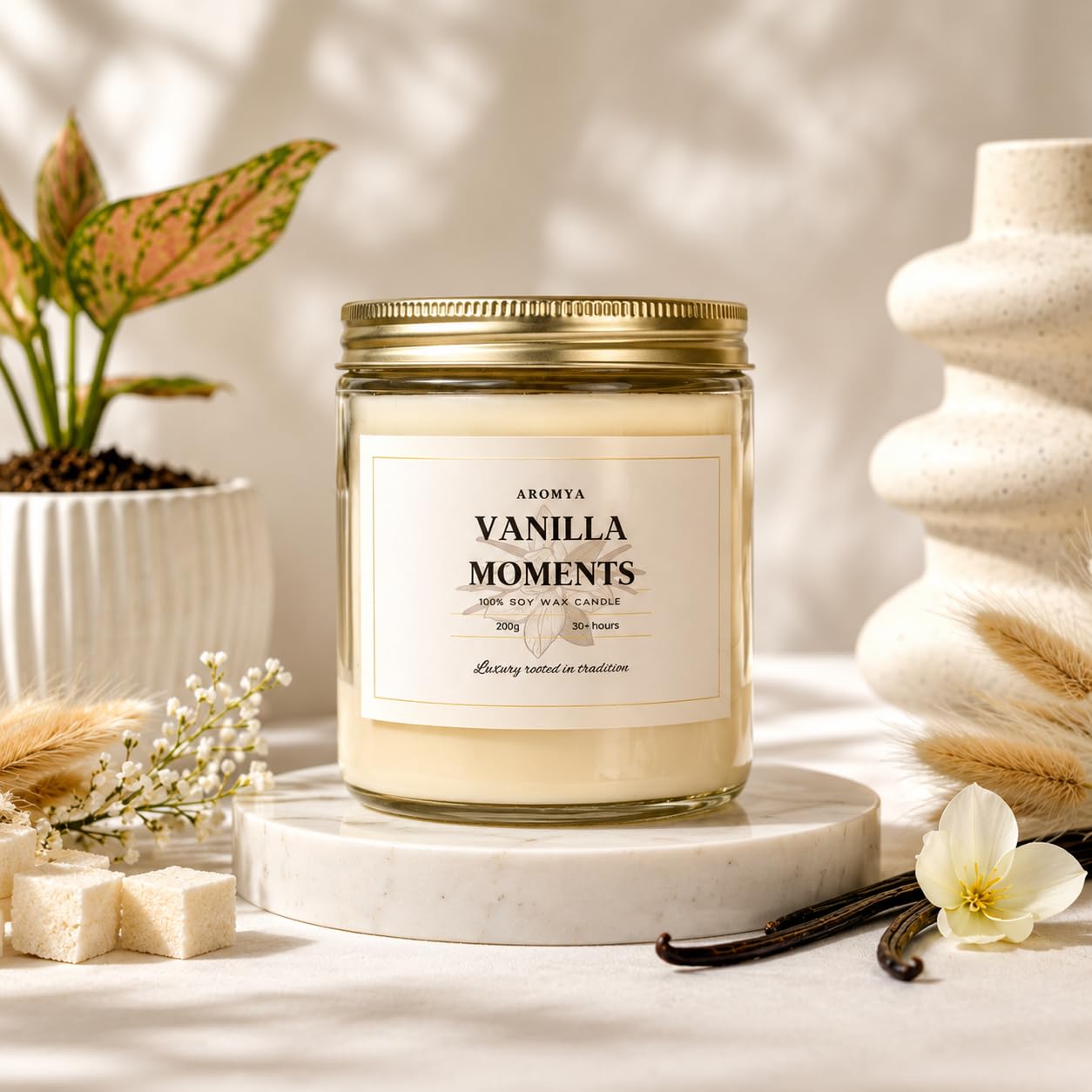 Aromya Vanilla Moments Scented Candle | 200g Soy Wax Candle | 30+ Hours Burn Time | Strong Vanilla Fragrance | Aromatherapy Candle for Relaxation, Home Décor & Gifts