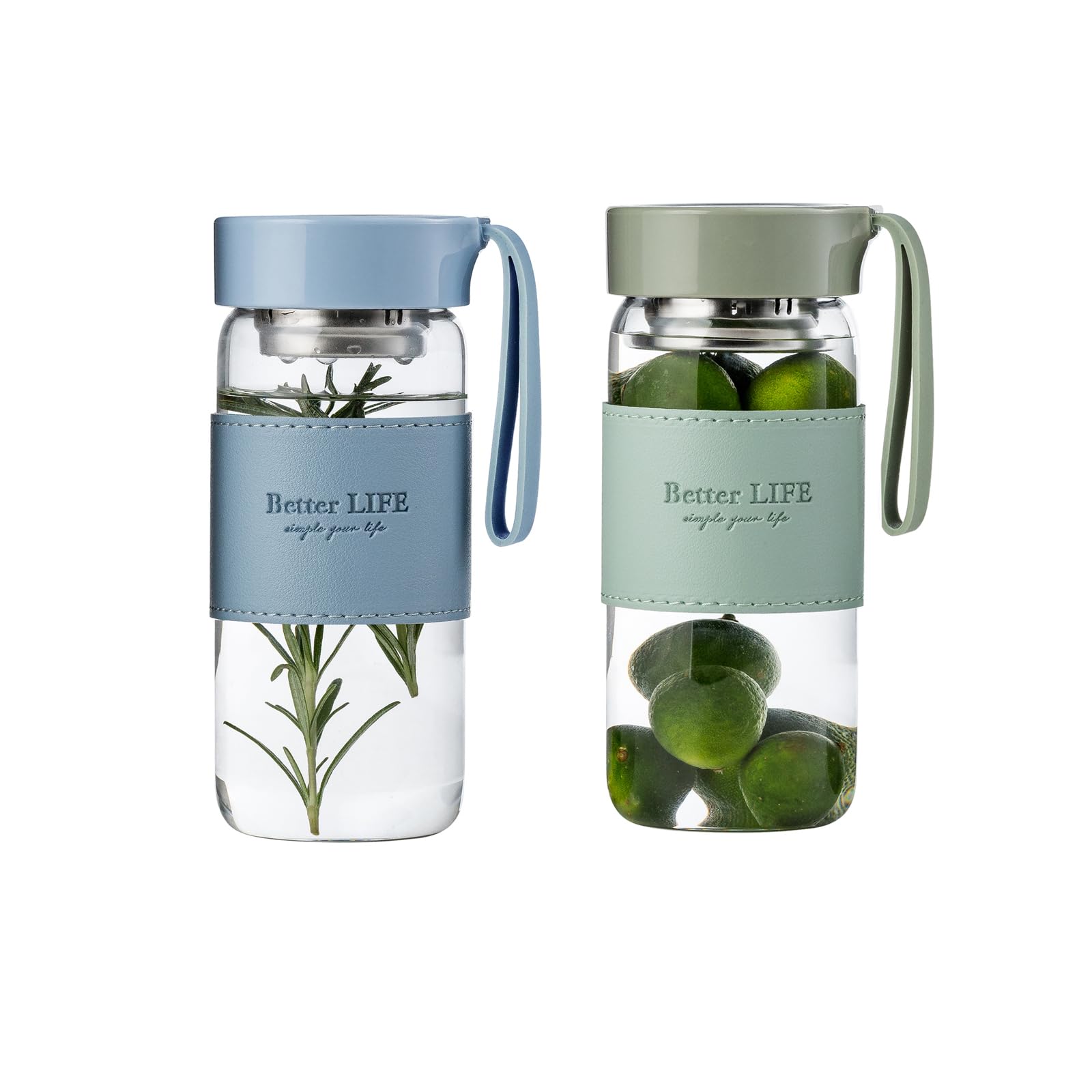 DNIENKGE Glass Tea Bottle 16 oz Drinking Bottle with Non-Slip Holster, and Stainless Tea leak, Leak Proof Lid, Portable Glass Water Bottle for School,