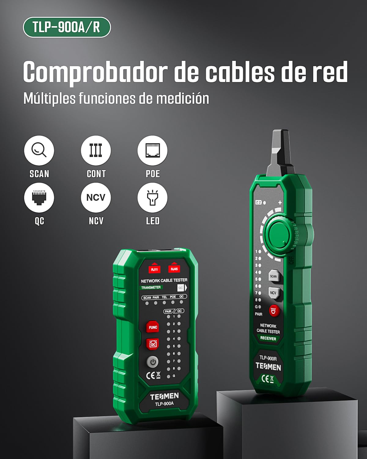 TESMEN TLP-900AR Comprobador de cables de red, RJ11 RJ45, para CAT5/6/POE/STP, con emparejamiento, Continuidad, QC&NCV, apto para Ethernet, Teléfono, mantenimiento y clasificación de cables -verde