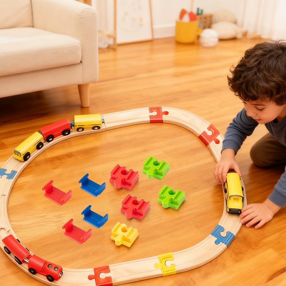 Train en Bois Enfant Accessoires de Rail en Plastique, 28 Pièces Adaptateurs De Pont Compatibles, Adaptateurs de Rails en Bois Universels, Convient pour Les Enfants Agés de 3 à 7 Ans