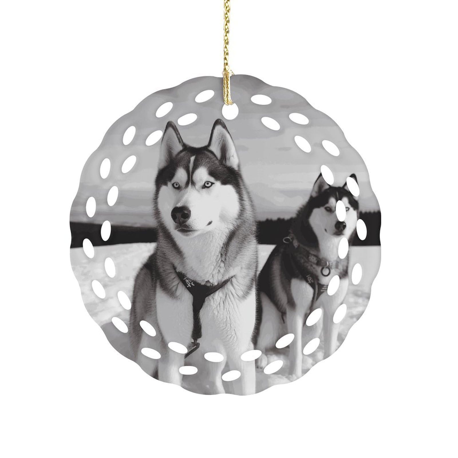 Btcowzrv Style Husky Dogs Snow Ceramic Ornament,Round Ornaments With Hole Easy To Hang,Hanging Ornament For Wedding Party Home Window Garden Christmas Day Decor