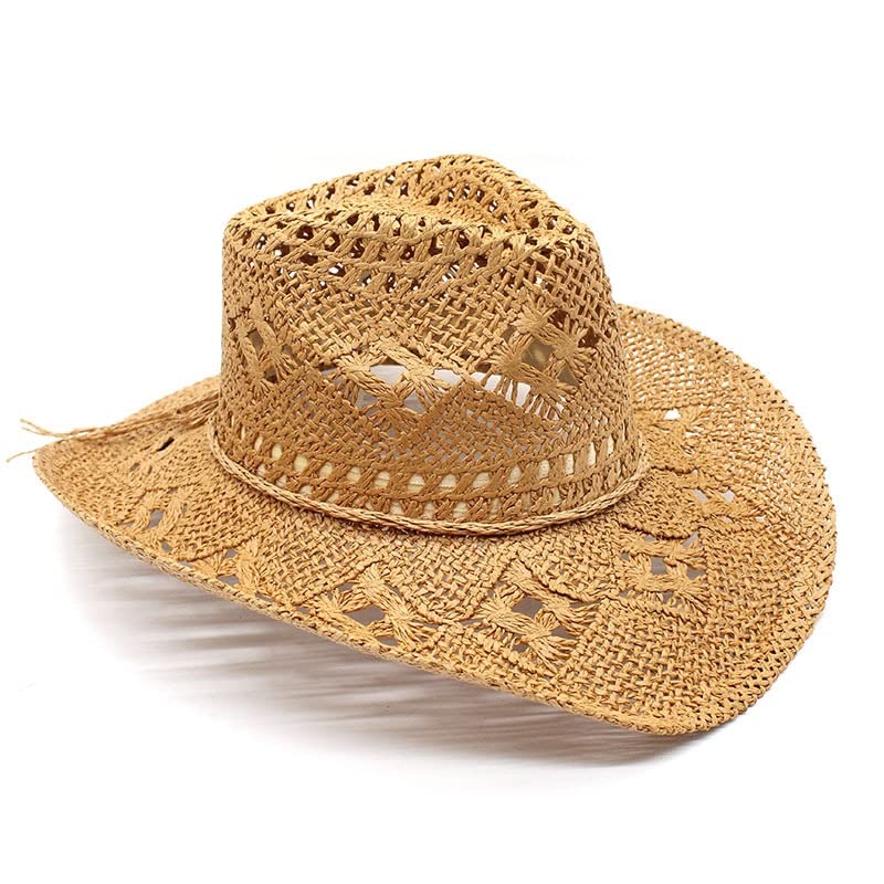 Chapeau de cowboy ajouré pour les vacances au soleil d'été en paille beige - 4